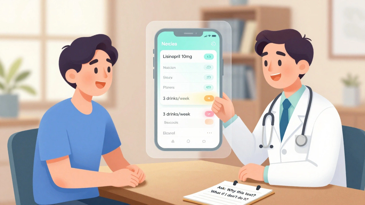 Patient and doctor discussing health data displayed on a transparent digital overlay.