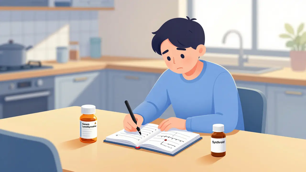 Patient tracking symptoms like fatigue and heart rate in a notebook beside generic and brand thyroid medication.