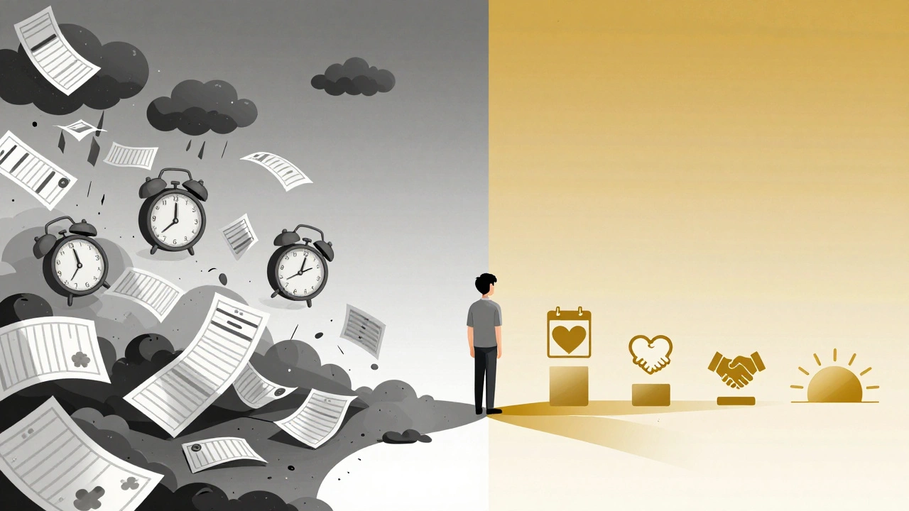 Person choosing between overwhelming chaos and calm progress, symbolizing small steps toward better health.