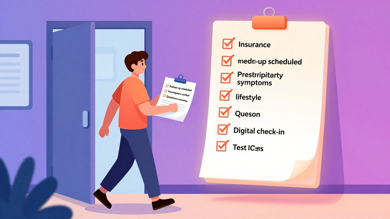 Person exiting clinic with completed health preparation checklist glowing behind them.