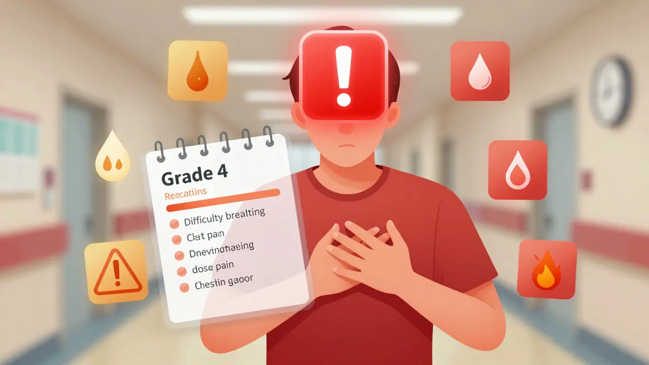 Person experiencing a severe drug reaction with symptom diary alerts showing life-threatening signs.