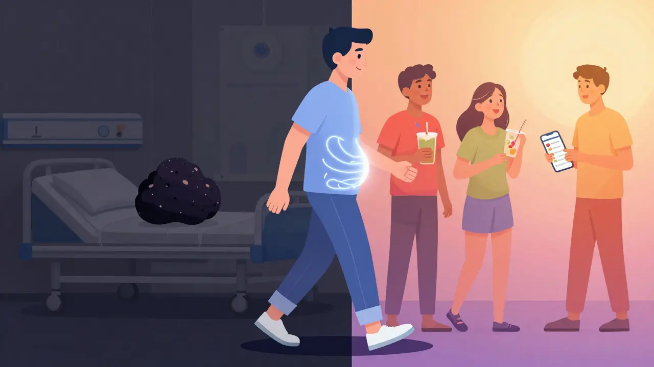 Person walking after a meal, with one side showing health and joy, the other side showing hospital risks, all in gradient colors.