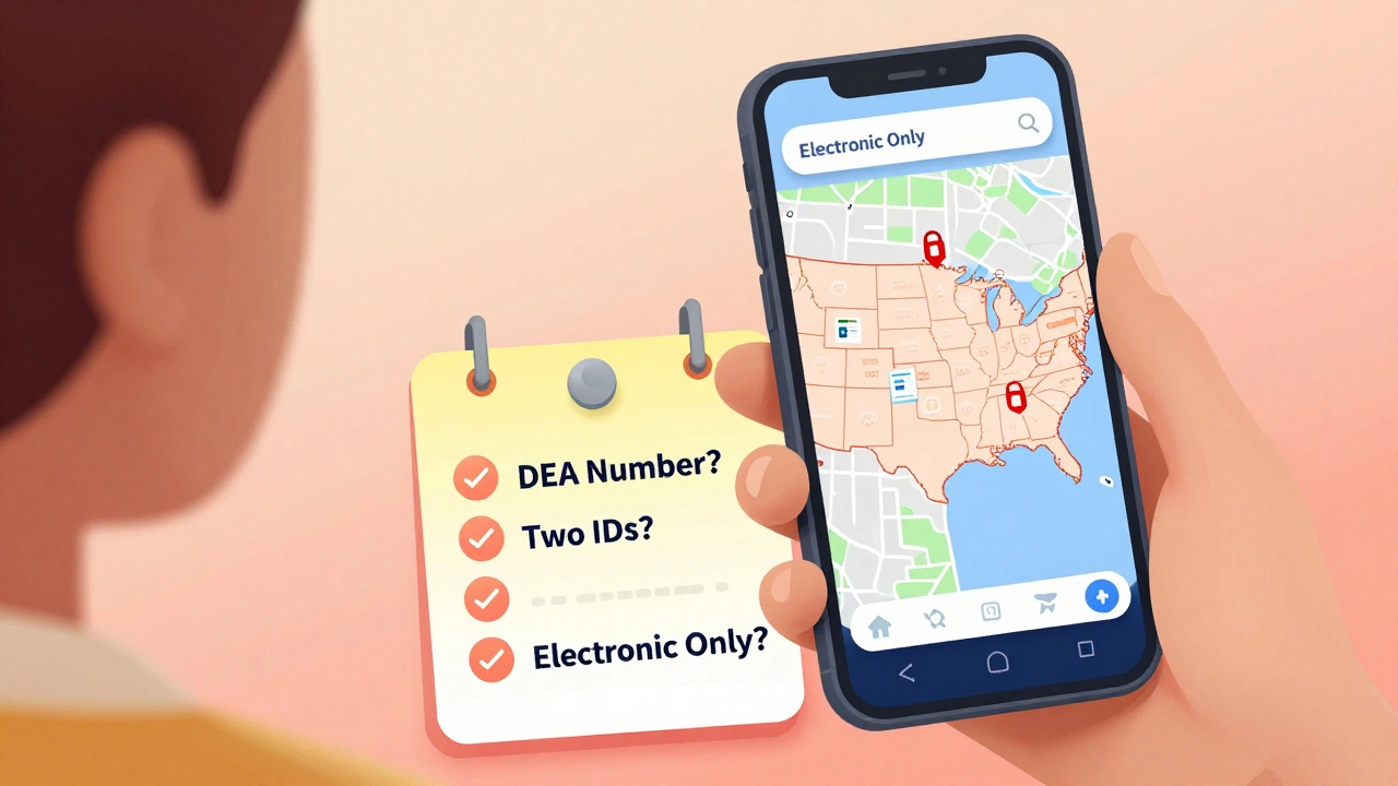 Person with U.S. map showing state-specific prescription transfer barriers and checklist icons.