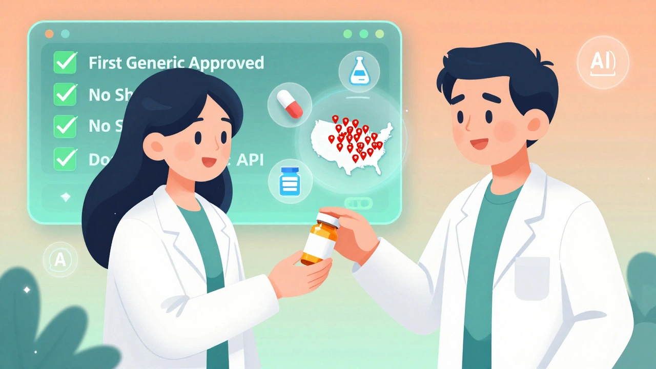 Pharmacist giving medicine to patient while digital dashboard shows approved generics and no shortages.