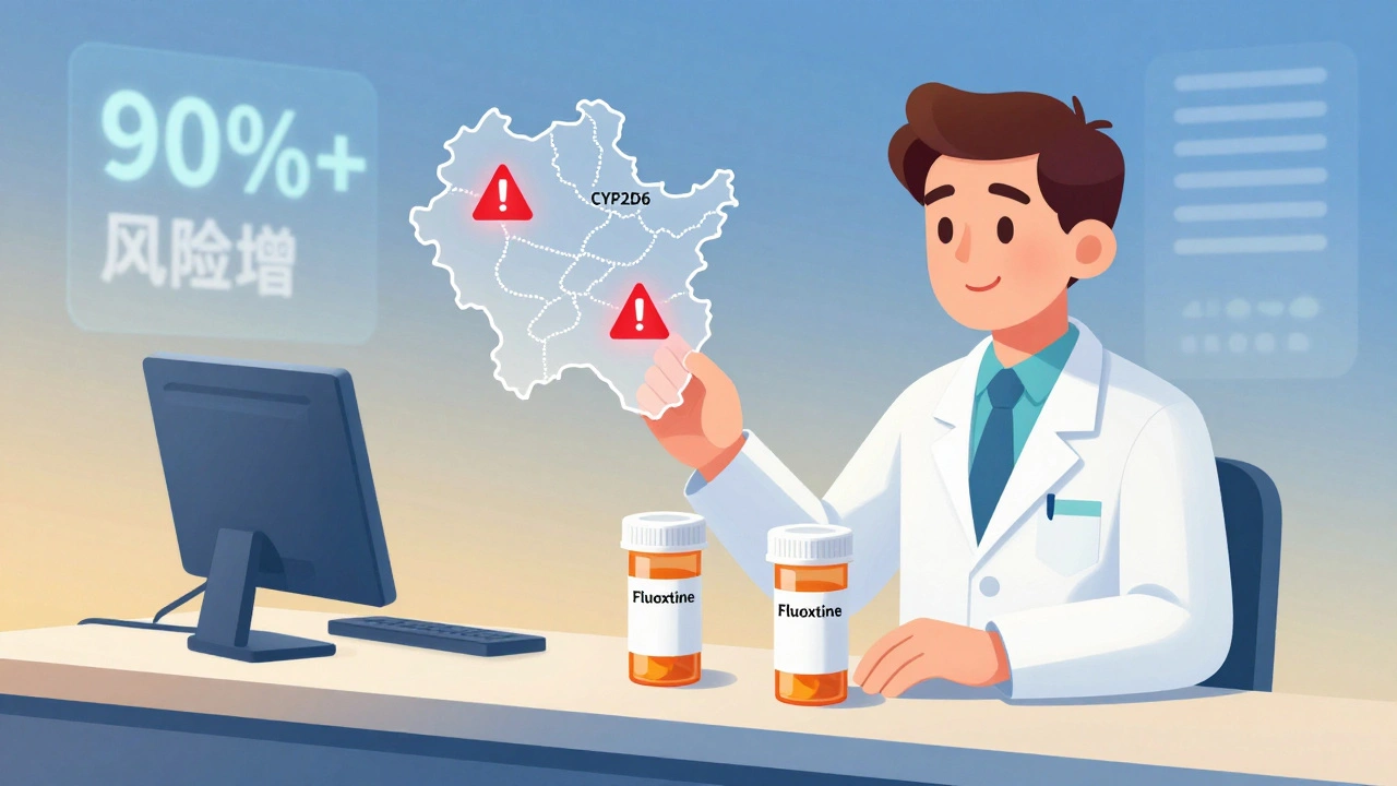 Pharmacist holding two meds with a genetic profile above, displaying red warning triangles for drug interaction