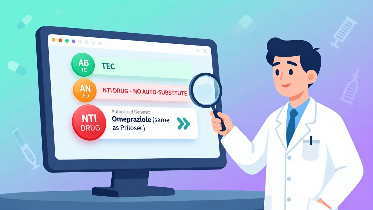 Pharmacy computer screen displaying colorful NDC and TE codes, with warning alert for narrow therapeutic index drugs.