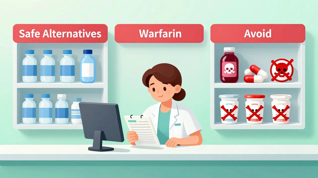 Pharmacy shelf showing cranberry products with warning symbols next to warfarin and safe alternatives.