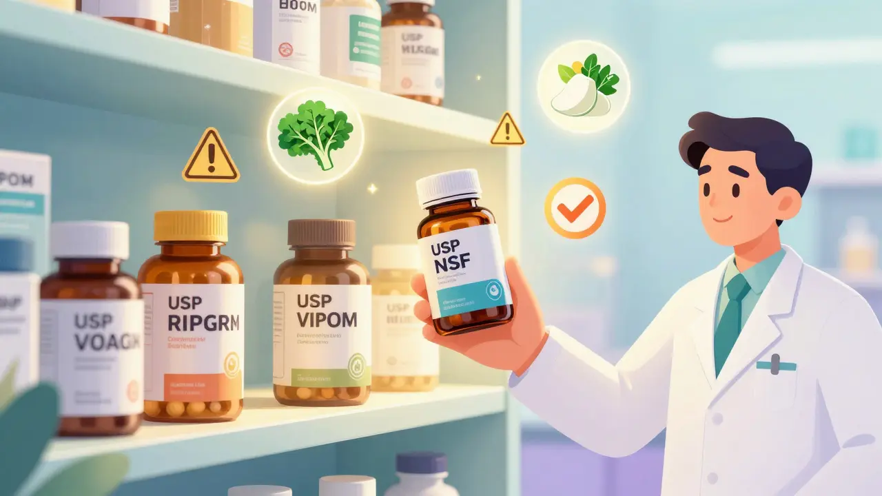Pharmacy shelf with third-party tested supplements and warning icons floating nearby.