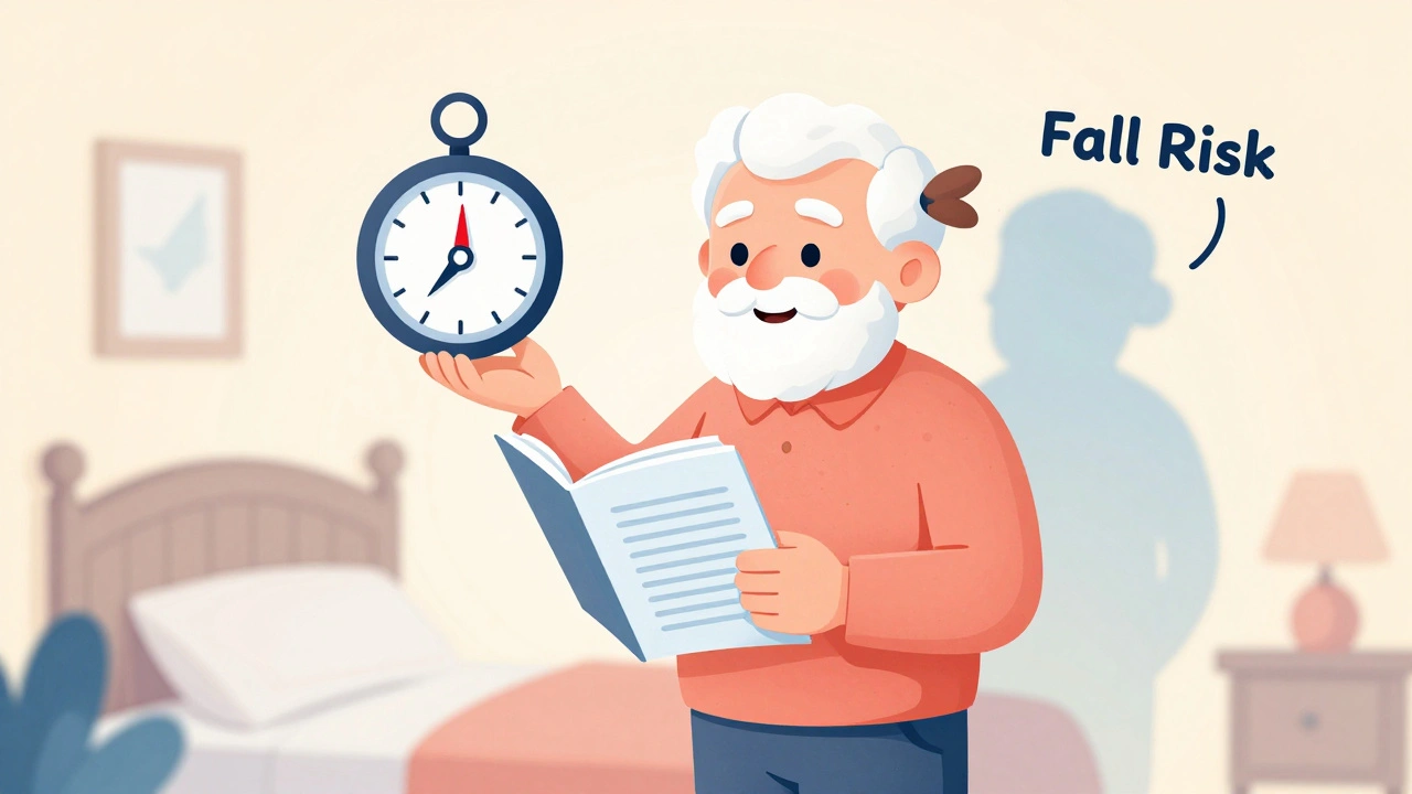 Senior holding a sleep diary as a friendly melatonin molecule guides their sleep rhythm safely.