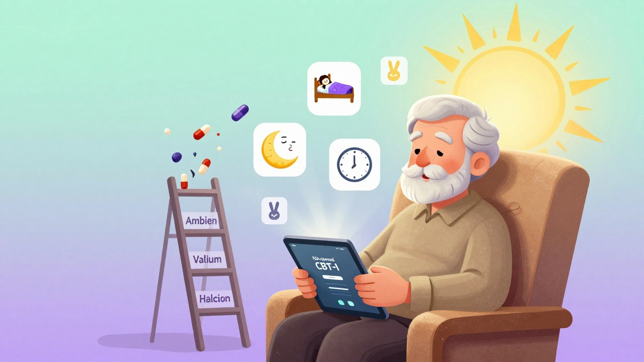 Senior using a CBT-I app while risky sleep pills crumble away, bathed in warm sunrise light.