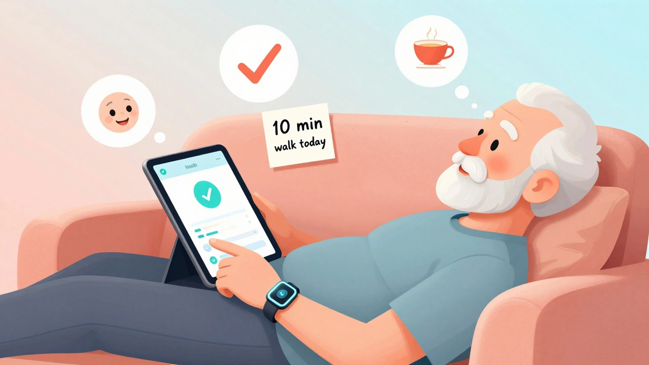 Senior using a simple health app on a tablet while resting on a couch, with a handwritten daily goal nearby.