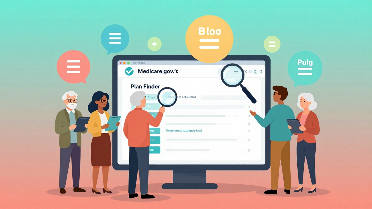 Seniors using tablets to compare drug plans, with personalized cost bubbles floating above them in a soft gradient setting.