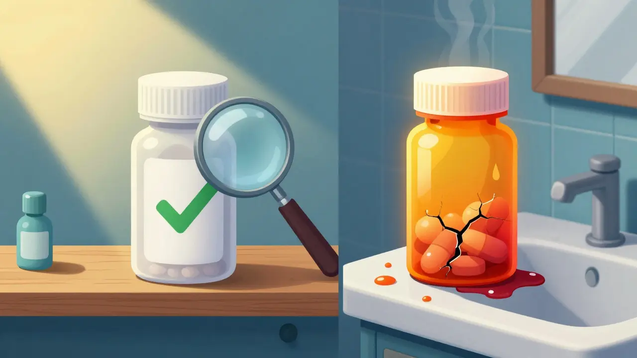 Side-by-side of properly stored vs. humidity-damaged medicine bottles with gradient lighting.