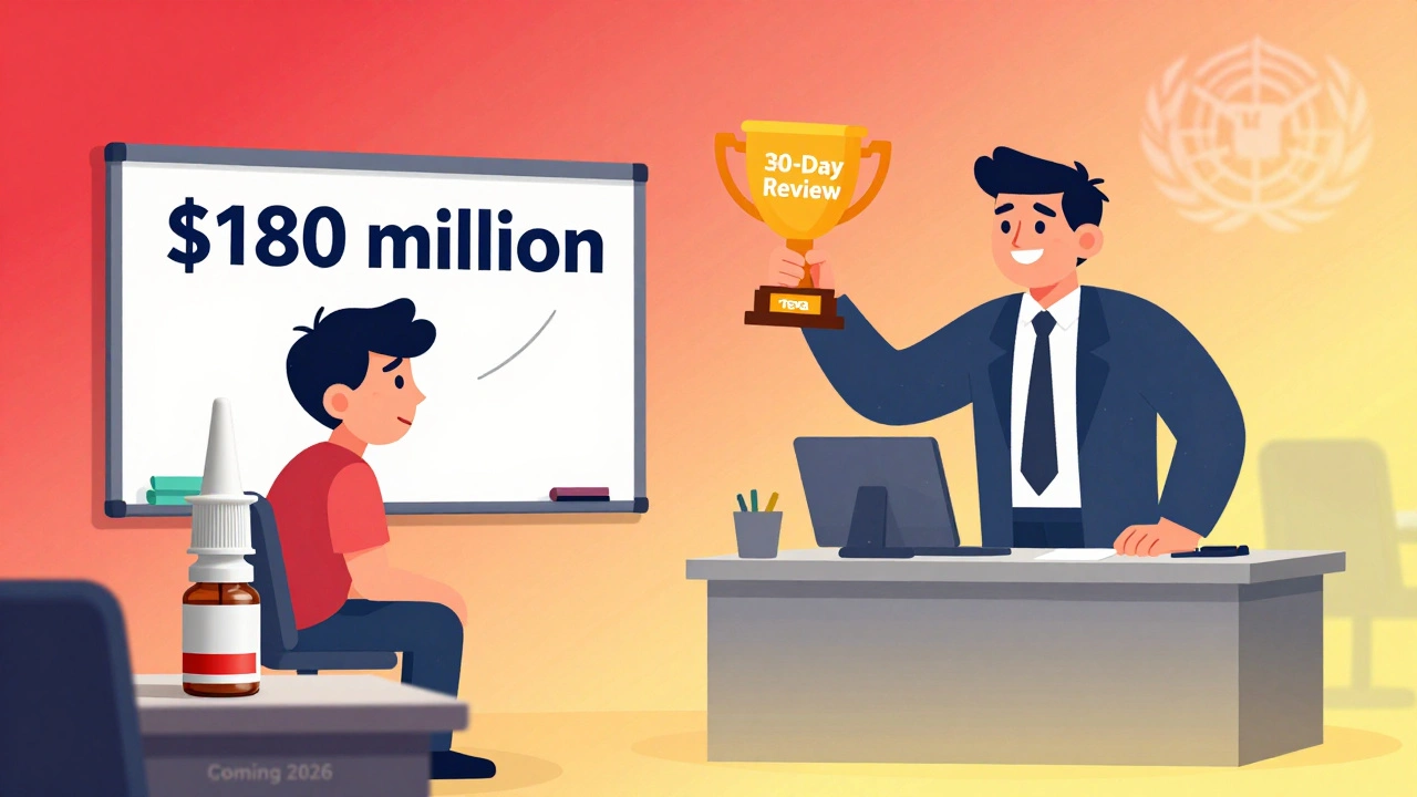 Small pharma startup overwhelmed by cost while big company celebrates fast approval, with complex drug bottle ignored.