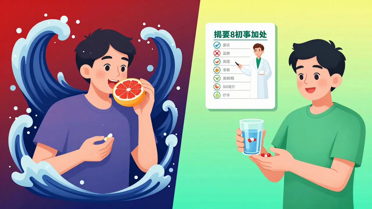 Split scene: dangerous grapefruit with meds vs. safe timing with pharmacist guidance.
