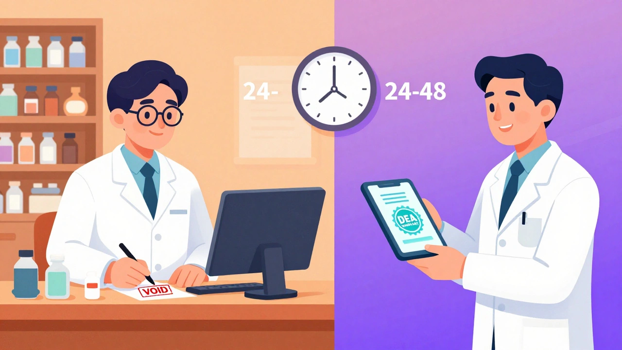 Split scene of old pharmacy voiding a prescription and new pharmacy receiving electronic transfer with time elapsed.