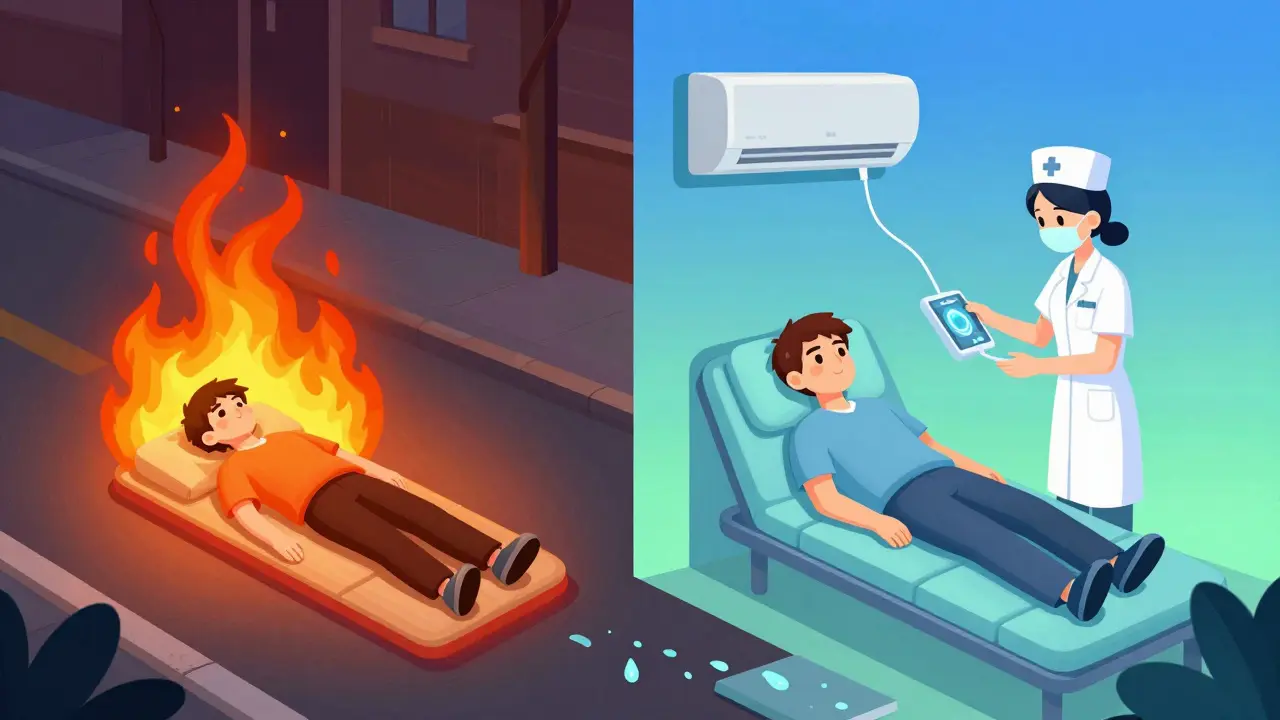 Split scene: one side shows a person collapsing in heat, the other shows them safe in a cooled respite center.