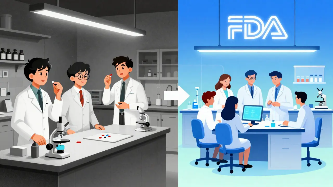 Split-screen: 1980s all-male lab vs. modern balanced trial, with gradient lighting and FDA logo.