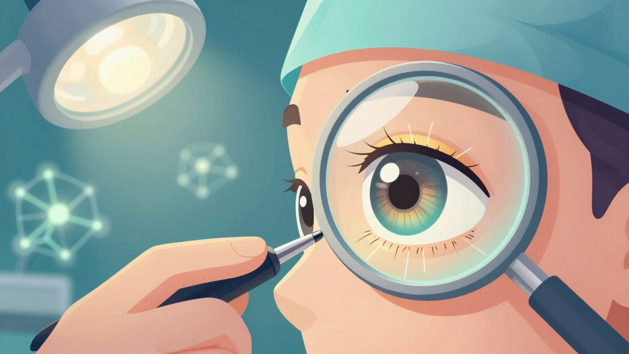 Surgeon adjusting eye muscles during strabismus surgery with glowing threads and brain connections.