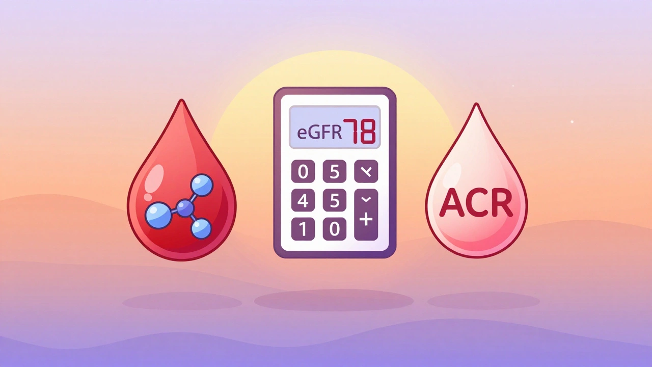 Three floating medical icons — blood drop, calculator, and urine droplet — in a soft gradient sky representing kidney tests.