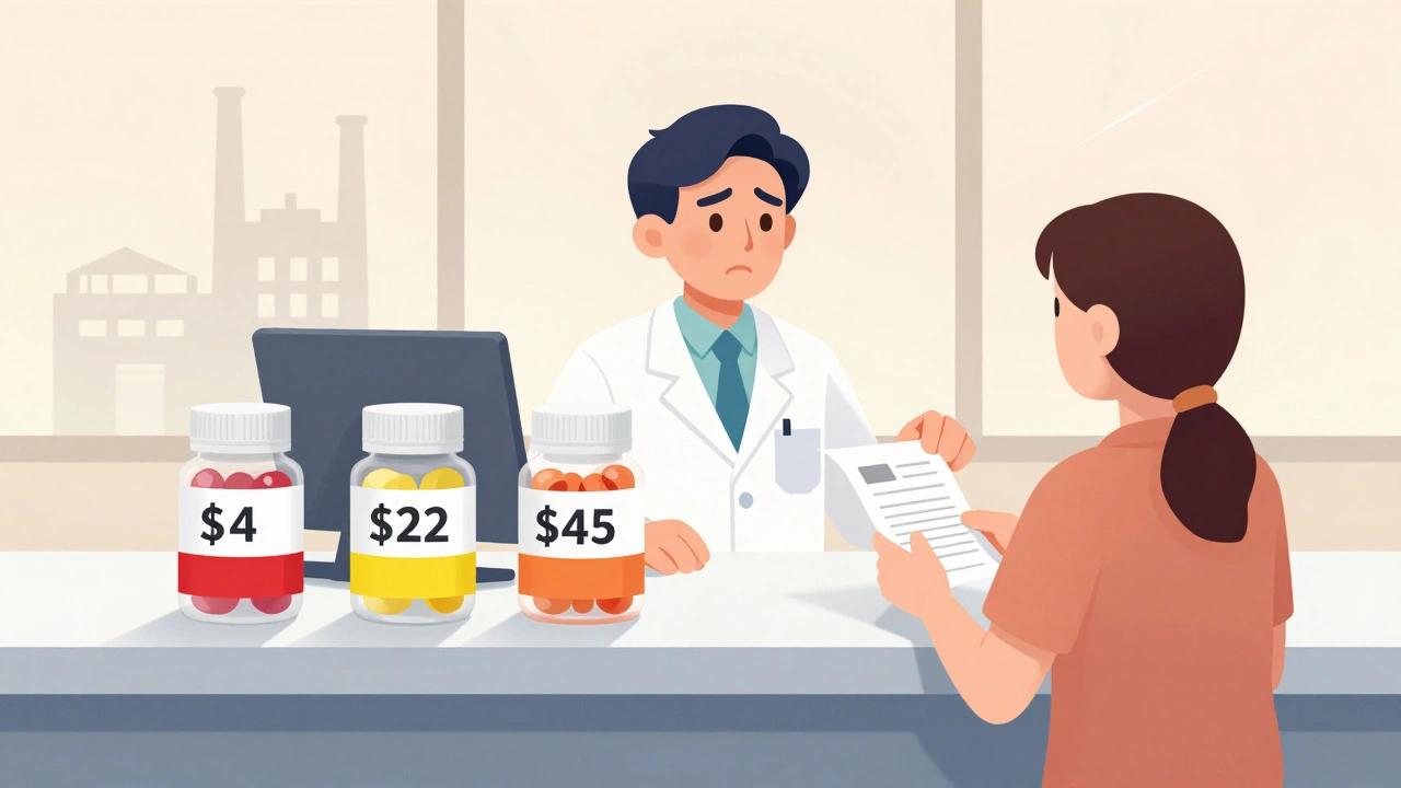 Three identical generic pills with wildly different prices at a pharmacy counter, patient and pharmacist reacting in shock.