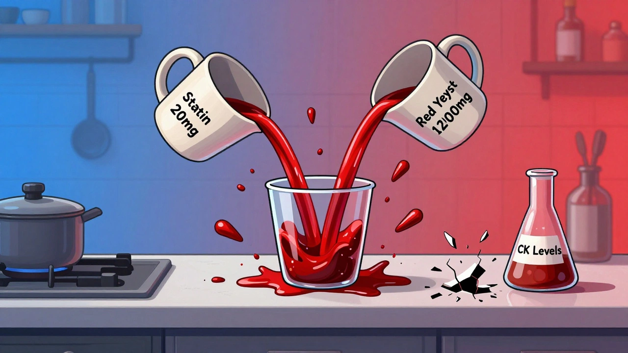 Two supplements pouring red liquid into one glass, causing overflow with muscle fibers and shattered test results.