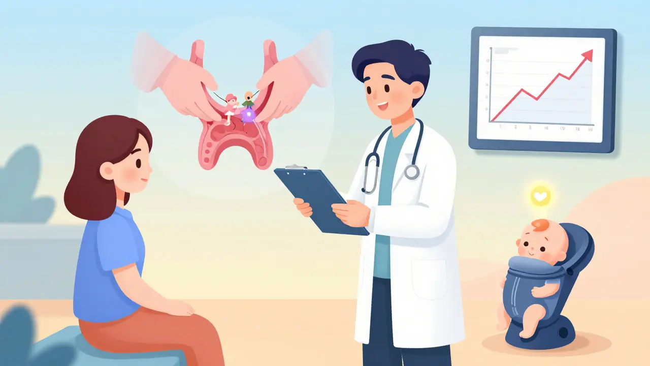 A doctor gives a new mom a clipboard while a healing thyroid glows above, with a TSH graph and breastfeeding icon in the background.