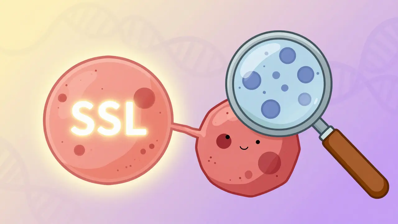 A flat serrated polyp glowing with a warning aura beside a traditional adenoma, viewed under a magnifying glass.
