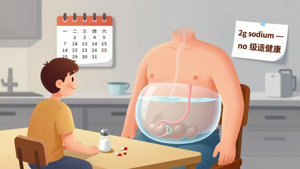 A patient managing cirrhosis daily with salt restriction and medication, visualized with a bloated abdomen and medical reminders.