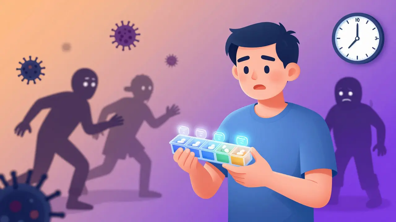 A patient using a pill organizer with glowing alarms, repelling germs and immune threats in a gradient background.