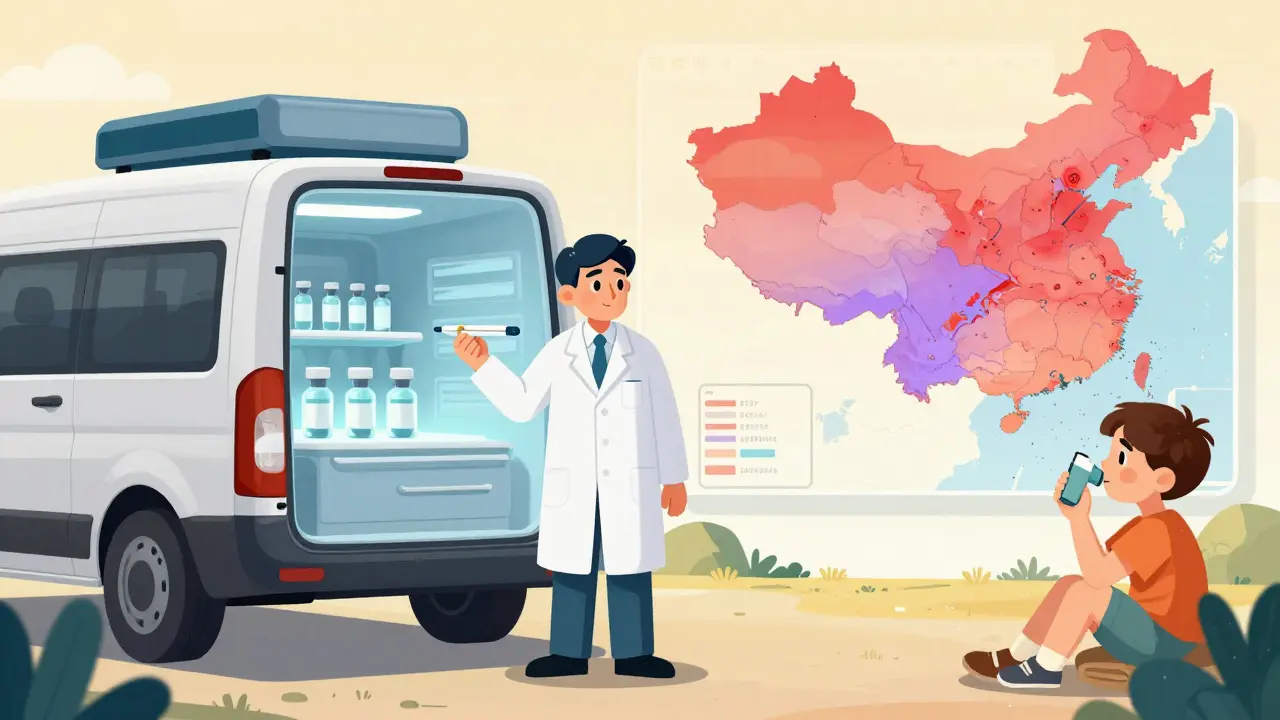 A pharmacist beside a non-cooled delivery van as a child waits for insulin in a rural clinic.
