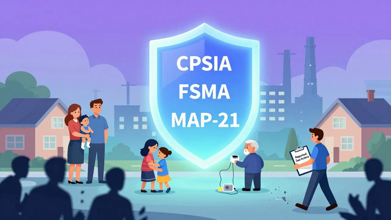 A protective shield of safety laws guarding families from dangerous manufactured products