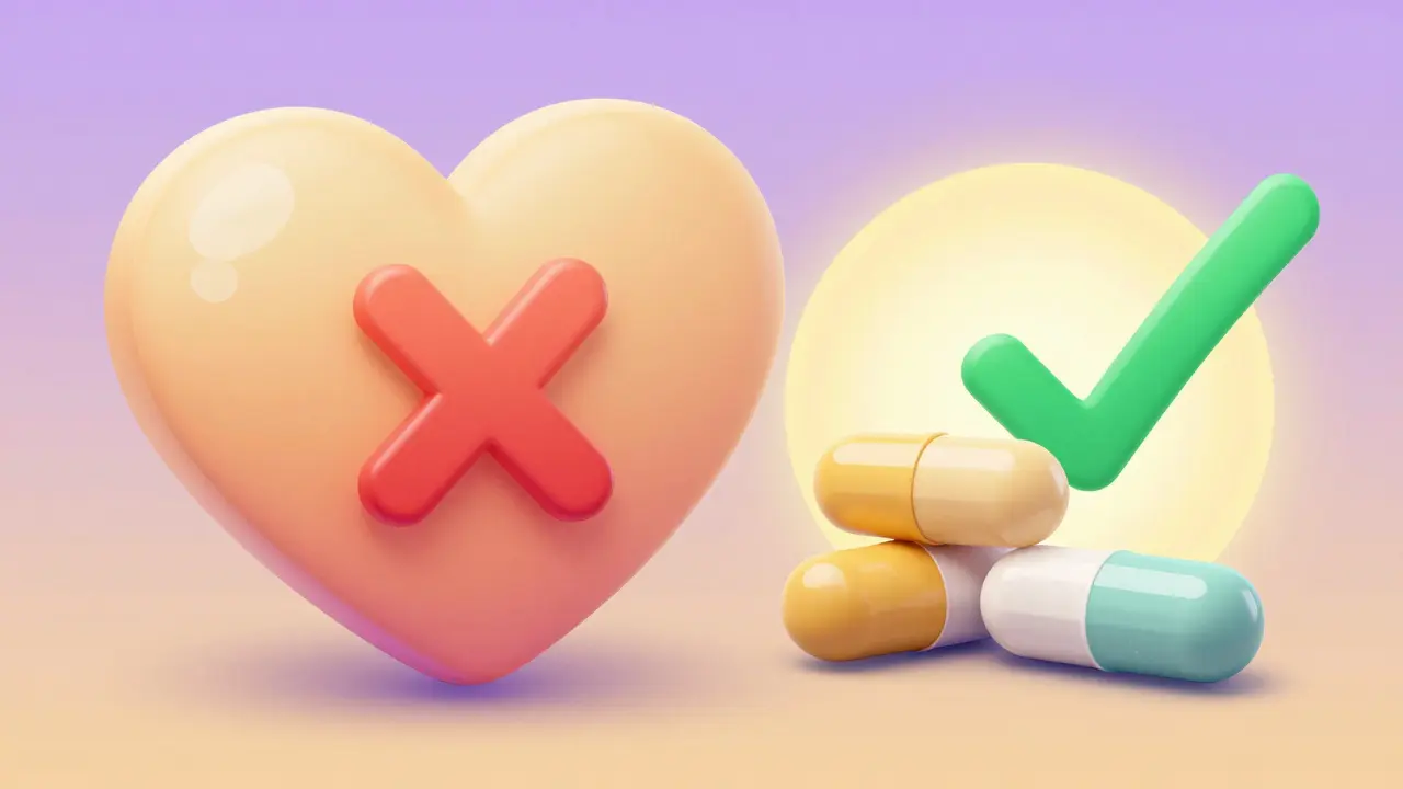 A warning sign over dangerous drug combo versus a safe alternative, illustrated with gradient colors and symbolic checkmarks.
