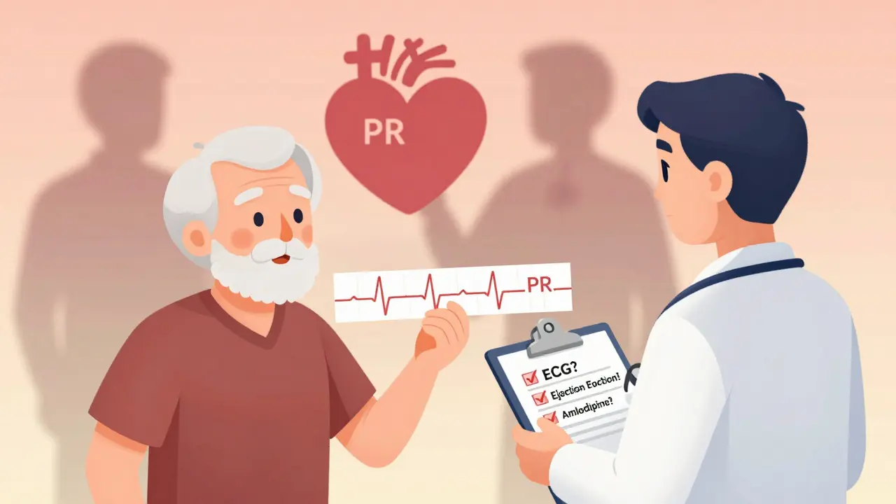 An elderly patient with an abnormal ECG strip, surrounded by medical checklists highlighting safety steps before combining heart medications.