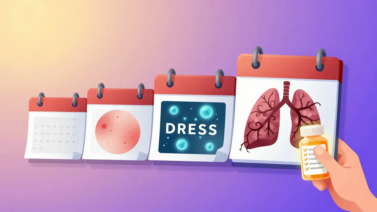 Calendar pages turning to reveal hidden drug side effects over weeks and months, with a pill bottle and checklist.