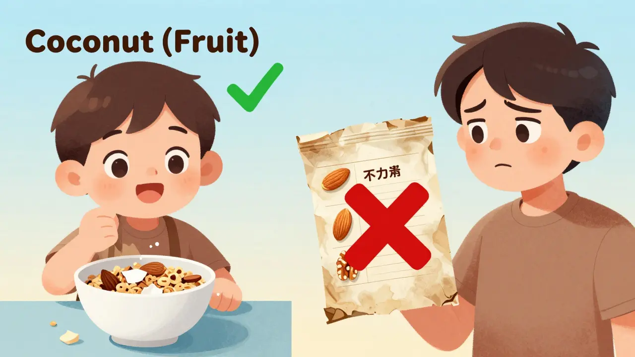 Child eating coconut granola with a 'Coconut (Fruit)' label, beside an old label incorrectly listing coconut as a tree nut.
