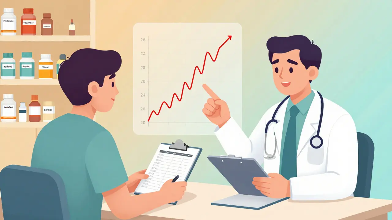 Doctor and patient reviewing home blood pressure readings on a graph during a clinic visit.