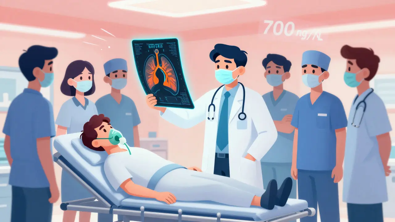 Doctor reviewing glowing CTPA scan showing blocked lung artery in emergency room setting.