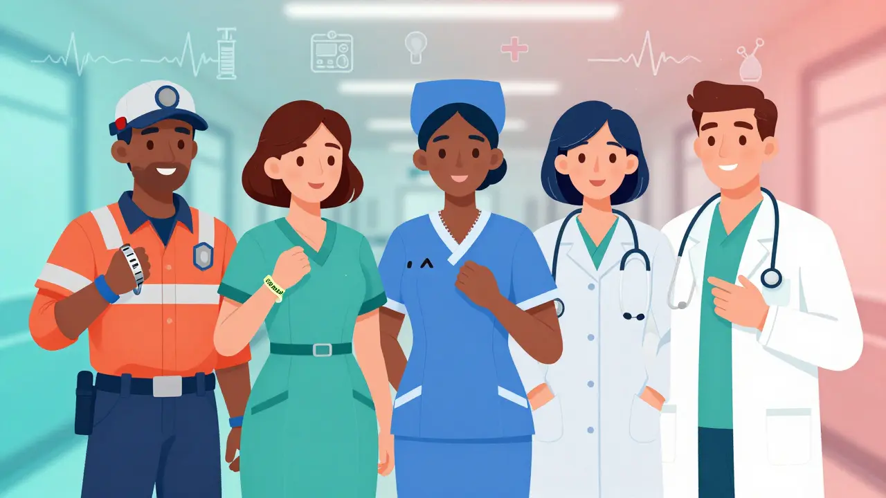 Emergency responders holding different types of medical alert bracelets and necklaces with visible engraved text.