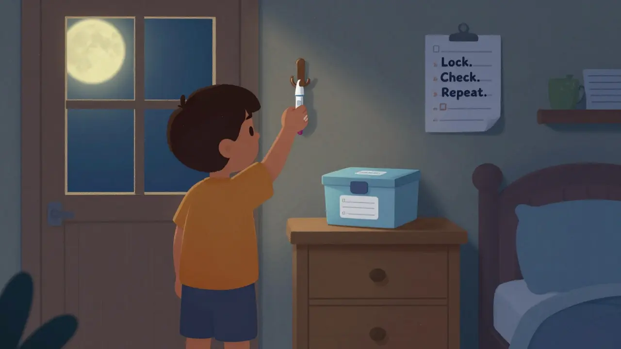 EpiPen on door hook next to locked medication box in child’s bedroom at night.