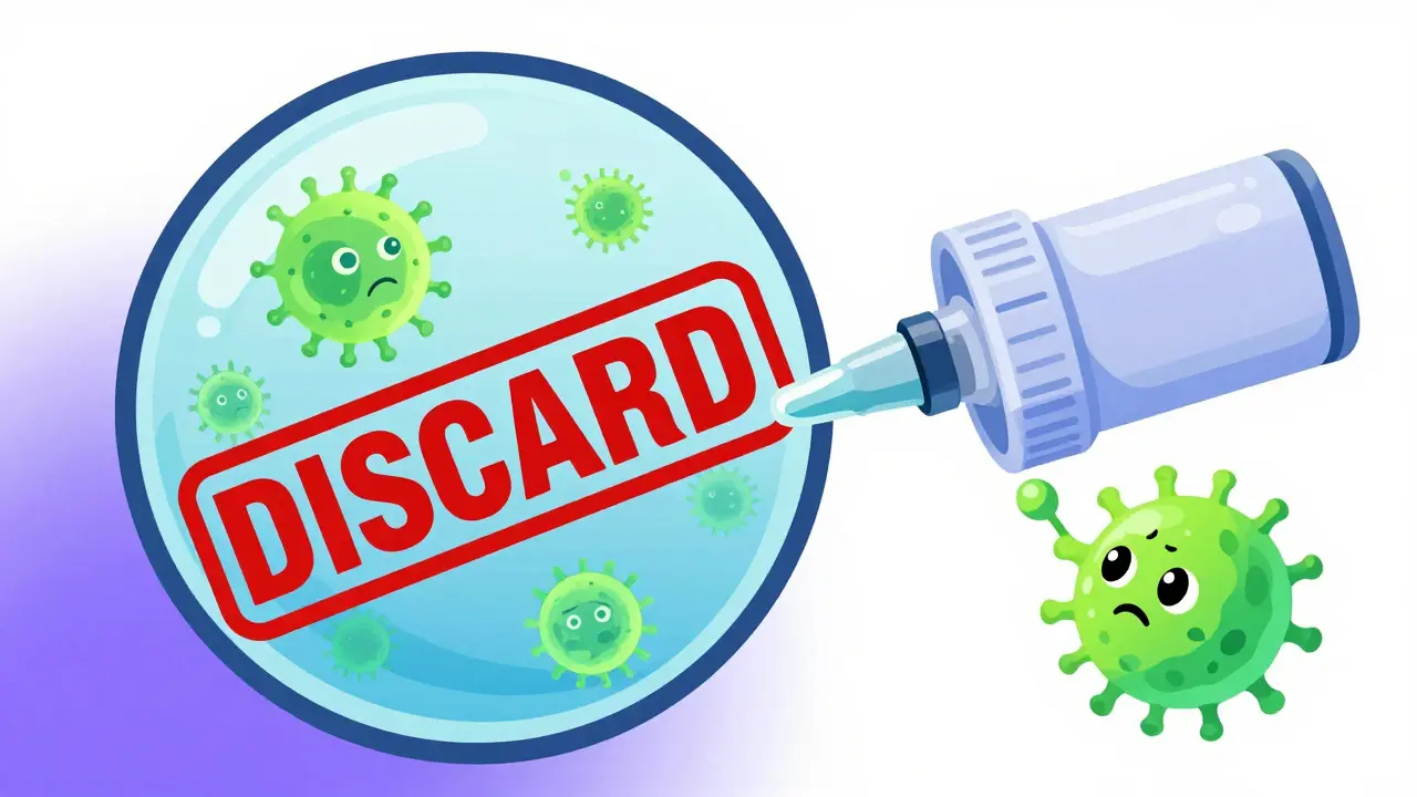 Expired eye drop bottle with glowing bacteria near an eye