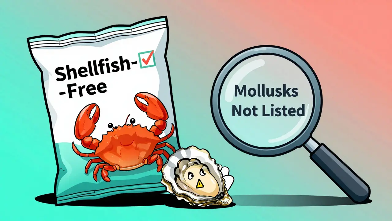 Food package labeled 'Shellfish-Free' hiding oysters and clams, with magnifying glass revealing they're not listed.