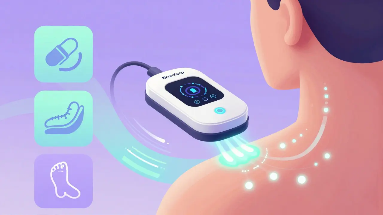 Futuristic AI TENS device adapting to nerve signals with flowing data gradients.