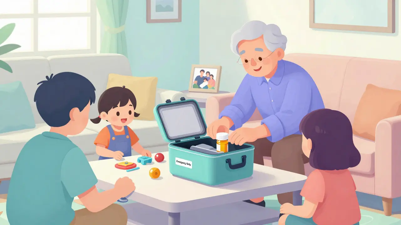 Grandparent placing pills into portable lockbox during family visit in living room.