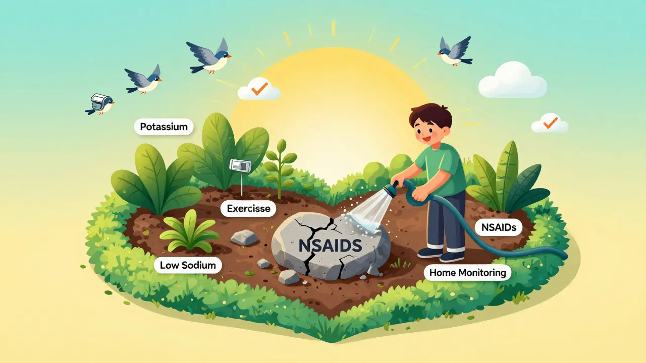 Heart-shaped garden thriving with healthy foods and exercise, while harmful medications crumble nearby.