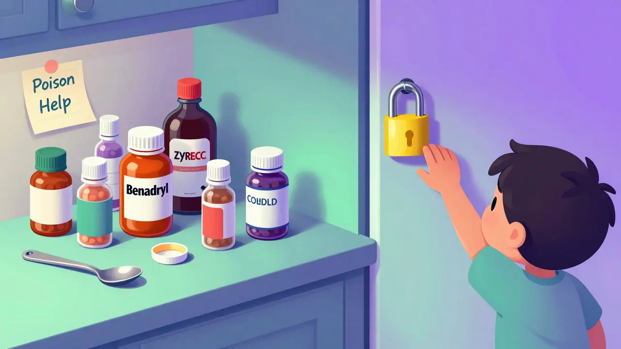 Medicine bottles and spoon on counter, child reaching for locked cabinet with 'Poison Help' note