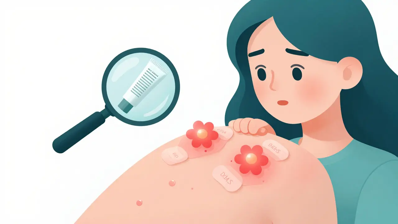 Patch test on back with glowing allergen labels and swelling blisters, magnifying glass revealing hidden ingredients.