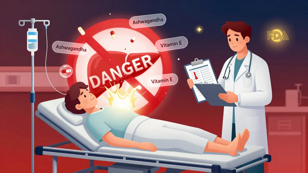 Patient in ER with floating dangerous supplements crashing into a danger symbol.