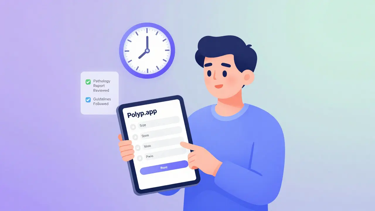 Patient using a tablet with Polyp.app showing correct follow-up timeline, clock changing from 5 to 7 years.