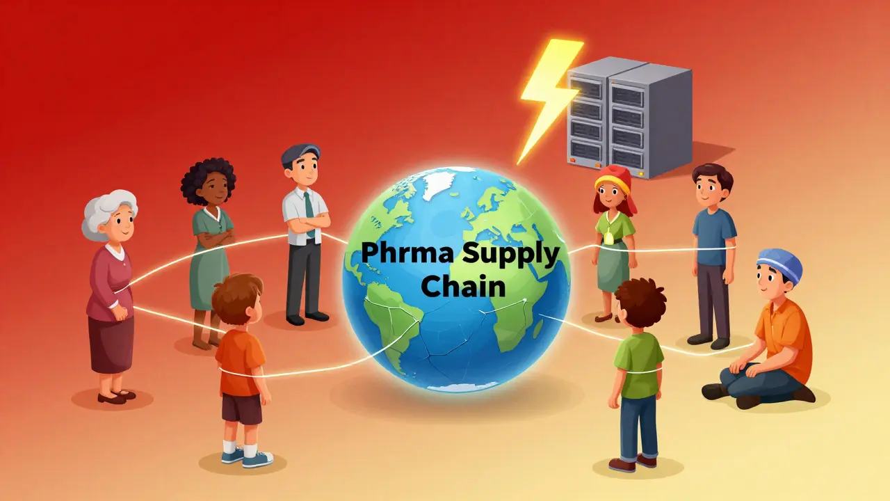 Patients connected by glowing threads to a cracked globe of the pharmaceutical supply chain under cyberattack.